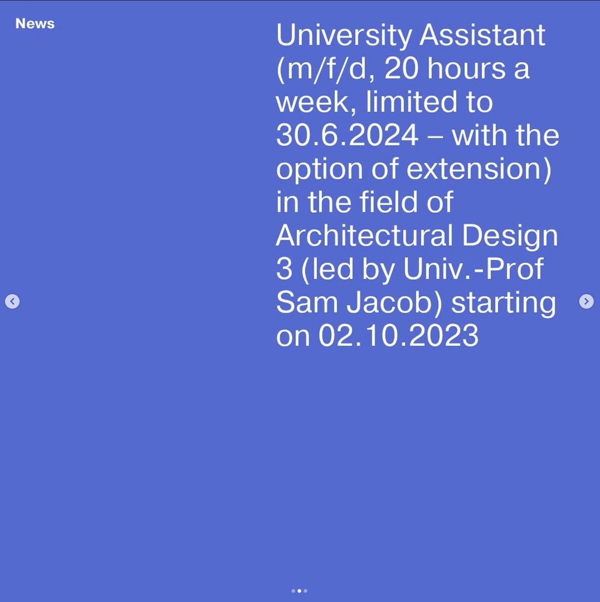 Join my teaching team! The University of Applied Arts Vienna is looking for a University Assistant (m/f/d, 20 hours a week, limited to 30.6.2024 – with extension option led by Univ.-Prof Sam Jacob) starting on 02.10.2023
More info:
dieangewandte.at/en/news/jobs/j…
Deadline: August 8, 2023