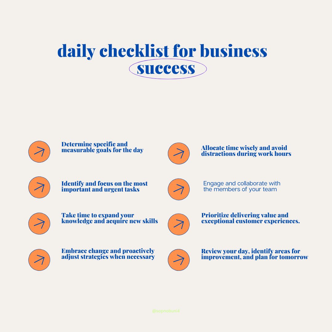 Boost your efficiency and stay on top of your game with this daily business checklist. Make sure to complete all the essential tasks to maximize your success.
#BusinessChecklist #DailyProductivity #SuccessMindset