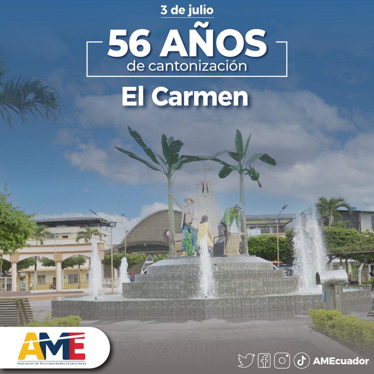 ¡Loor El Carmen!🥳
#AMESaluda | A la Puerta de Oro de Manabí, al celebrar sus 56 años de Cantonización. 

Desde #AME les brindamos nuestro fraterno saludo a su gente que cada día crece en busca de prosperidad y mejorar su calidad de vida.👏