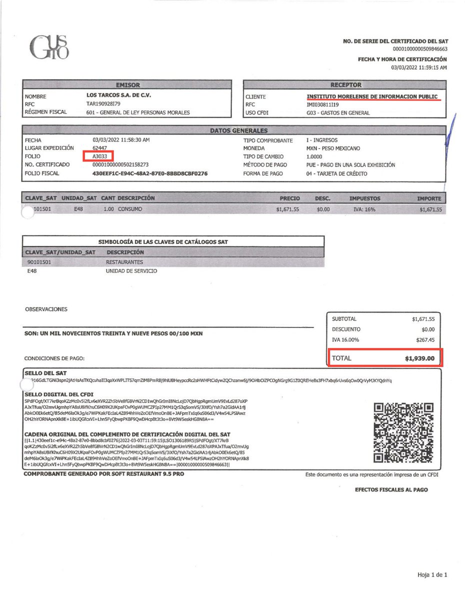 El Comisionado presidente del instituto de transparencia <a href="/_IMIPE/">IMIPE</a> repite 3 facturas en su gastos de representación de 2022
Una de ellas es la factura A3033 del restaurant Gusto del 3 de marzo por $1,939