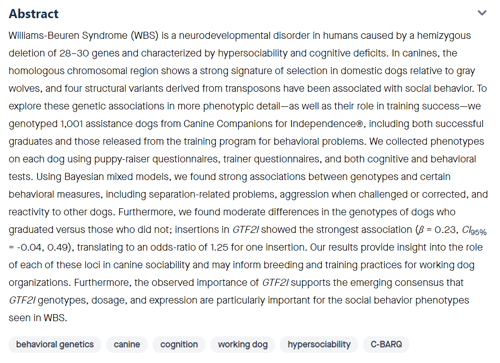📢New preprint!
 
Do dogs display behavioral traits central to Williams-Beuren Syndrome? Transposons, behavior & training success in assistance dogs. 
 
A partnership with @canineorg aka “One Thousand and One retrievers”! 🐕‍🦺🧬

doi.org/10.21203/rs.3.…

#CanineScience 1/9