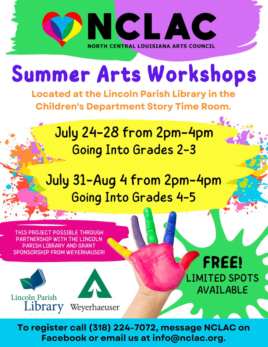 There are only 4 spots left for Grades 2-3 for the week of July 24-28 and only 10 spots left for Grades 4-5 for the week of July 31-August 4! To register email us at info@nclac.org, send us a message on our NCLAC Facebook, or give us a call and leave a message at 318-224-7072.