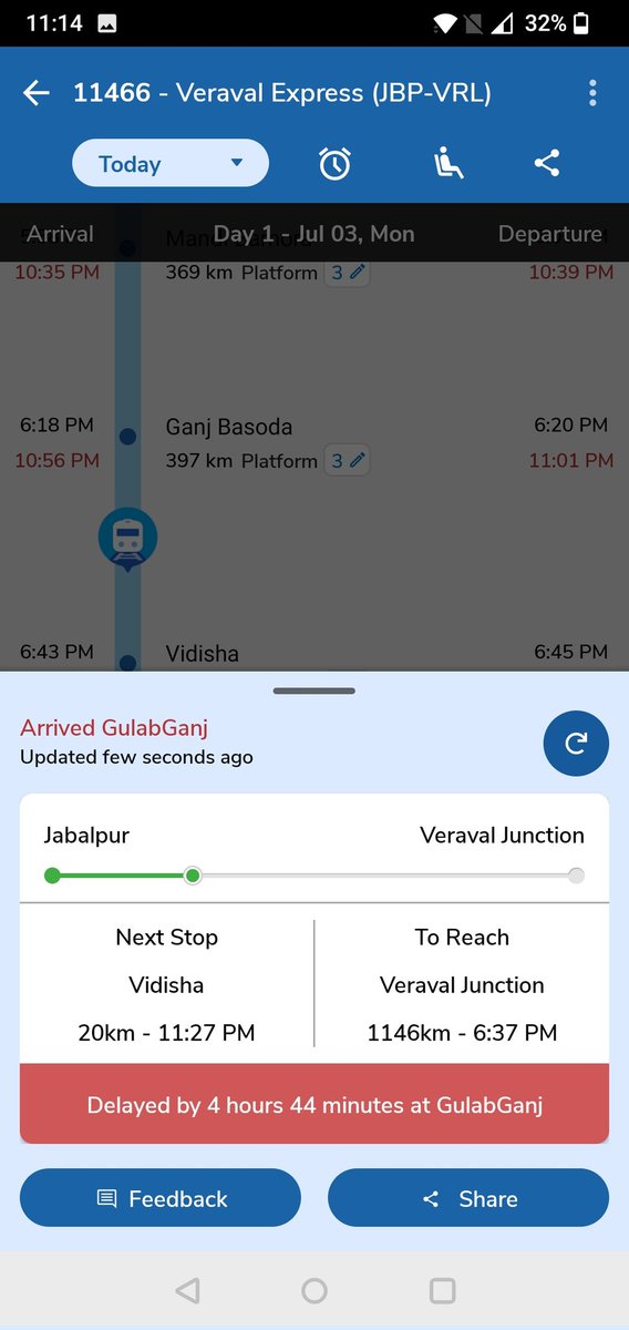 aryaroyc's tweet photo. @RailwaySeva @RailMinIndia @RailMinIndia
Train no. 11466 PNR: 8604113291
Train already late by almost 5 hours after covering only 397 km in 11 hours. Pathetic condition of railways. Kindly provide some reason for this extraordinary delay. https://t.co/Yd4VAS2gGb