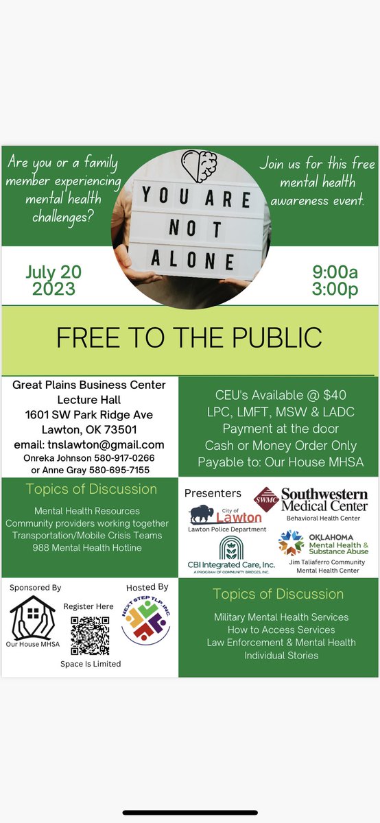 The Next Step TLP Inc. is hosting a mental health awareness event at the Great Plains Business Center July 20th. 

FREE to the public!

Support by spreading the word! 
Your mental health matters! 💛#MentalHealthAwareness