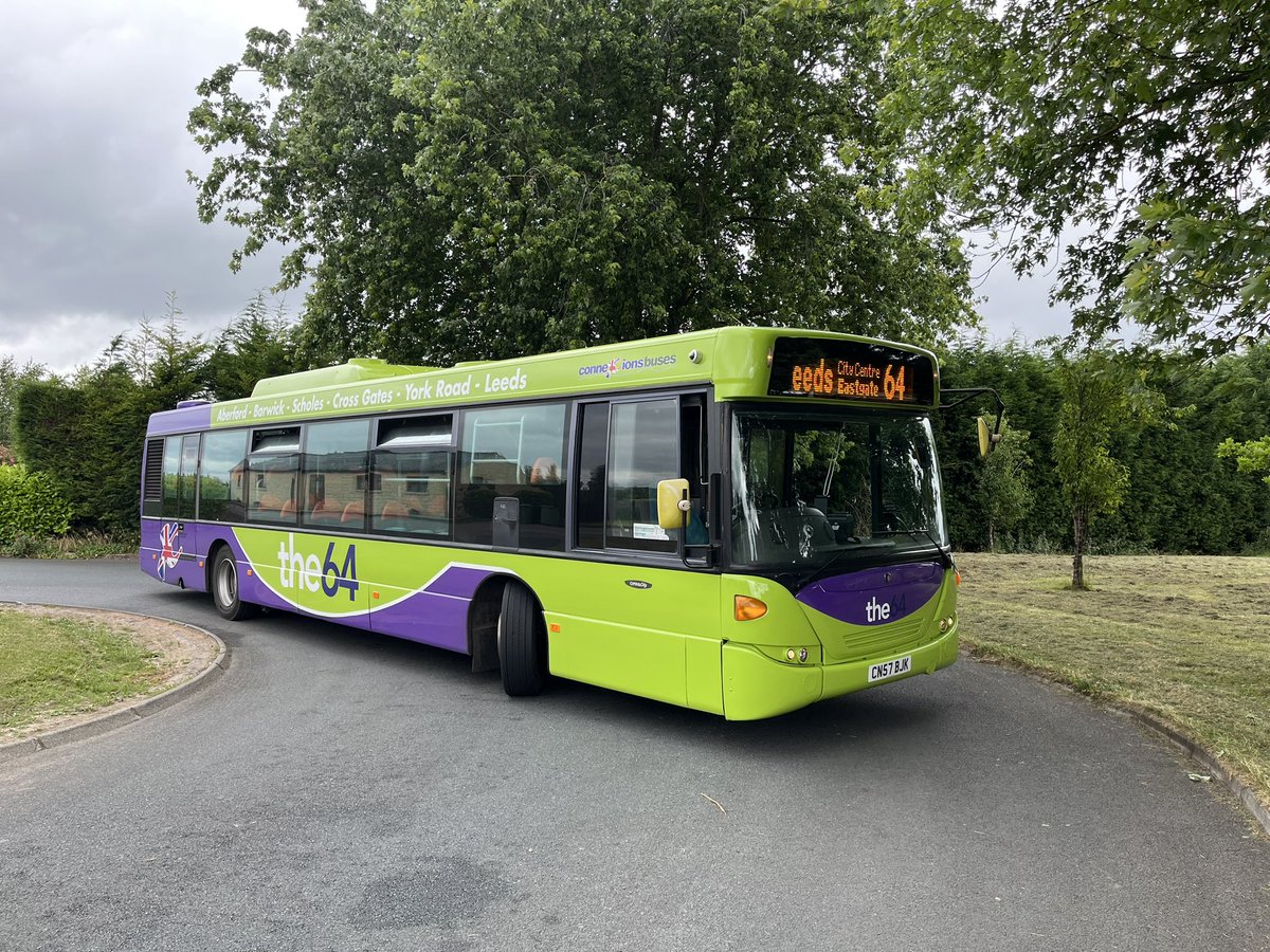 conductorluke's tweet photo. Proper Scania power must say how well this bus looks to say it’s 16 years old. Lovely smooth bus to drive this exCardiff Bus in the new 64 livery. #scania #omnicity #casualbusdriver #the64 #aberford #connexions https://t.co/U7ZsJTAesK
