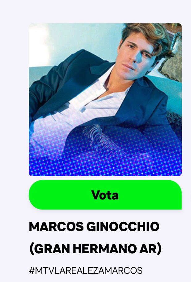FCO Marcos Ginocchio (@fcomarcosg) on Twitter photo Marcos Ginocchio se encuentra nominado en los <a href="/mtvmiaw/">MTV MIAW 😼</a> en la categoría “Realeza de Reality” !
Pueden votar acá:
miaw.mtvla.com/vota/realeza-d…
#MarcosGinocchio Marcos Ginocchio se encuentra nominado en los <a href="/mtvmiaw/">MTV MIAW 😼</a> en la categoría “Realeza de Reality” !
Pueden votar acá:
miaw.mtvla.com/vota/realeza-d…
#MarcosGinocchio