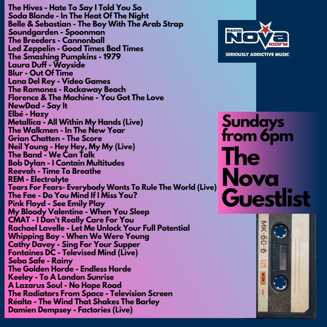 🚨All the great songs from the #NovaGuestlist, including @KeeleySound & @GrianChatten album previews, & great first plays from @SebaSafe @RealtaMusic & @Rachael_Lavelle!☘️ 📻Listen back Now on nova.ie/radio-schedule… or 6pm Sundays on @RadioNova100! #IrishMusicParty #IndieMusic