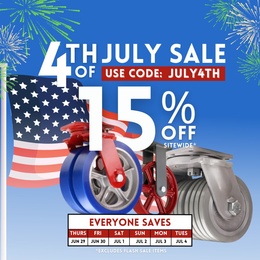 Get ready to SAVE BIG this July 4th! Enjoy a 15% discount on everything site-wide! 💥 🇺🇸 At Caster Headquarters, we proudly support American-made products, including our impressive Hamilton Line. Explore our website today and discover top-quality Hamilton Casters along with