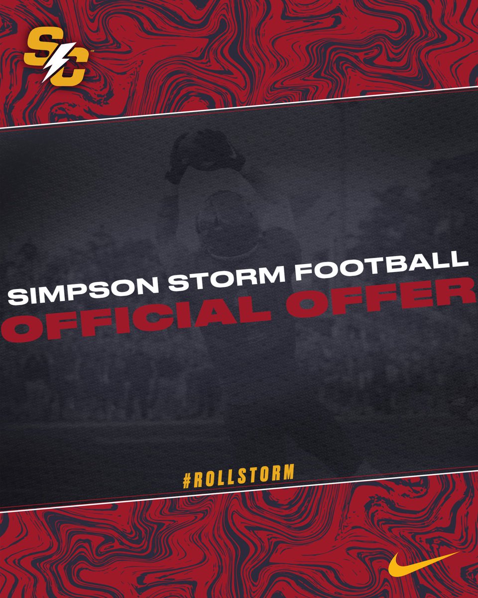 After a great talk with <a href="/ReedHoskins/">Reed Hoskins</a> I am beyond grateful to have received my first offer! <a href="/scstormfootball/">Simpson Football ⚡️</a>