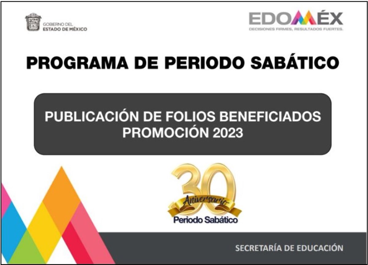 SubdireccionC's tweet photo. CONSULTA RESULTADOS DE PERIODO SABÁTICO 2023 En apego a la convocatoria se publican los folios beneficiados en la promoción 2023 del Programa Periodo Sabático, disponibles en las páginas:   
-https://t.co/VVb0oMRoSu 
-https://t.co/uO2B89tHmn
@SeducEdoMex
@SubdireccionC https://t.co/58a1p0LJgp
