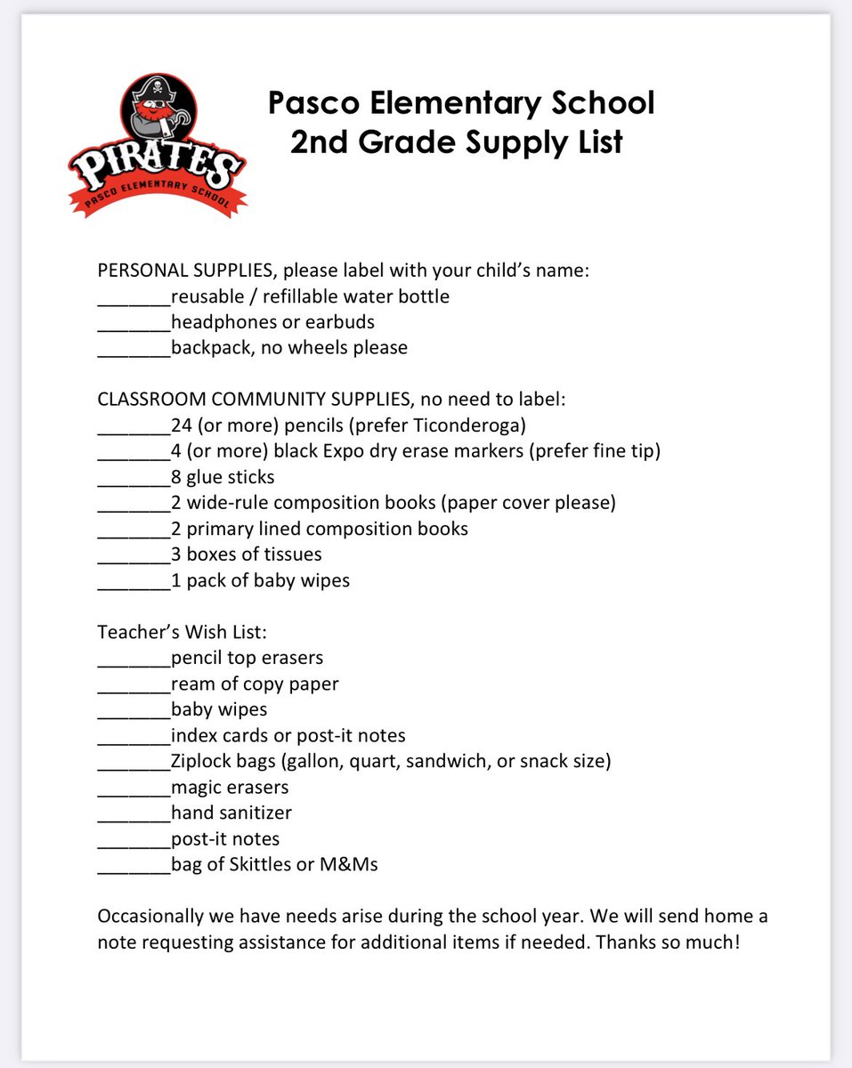 K-2 class supply lists for 23-24. Tax free week will be July 24-August 6. Thank you for your support!