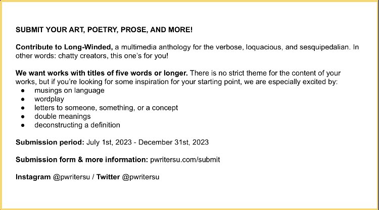 💛OPEN SUBMISSION CALL💛 Details below. Looking for all matters of fictional prose, poetry, and artwork. Theme is 5+ word titles. More information on our website (link in bio). DM us with any questions! #submissions #fiction #writing #poetry #art #anthology #writerscommunity