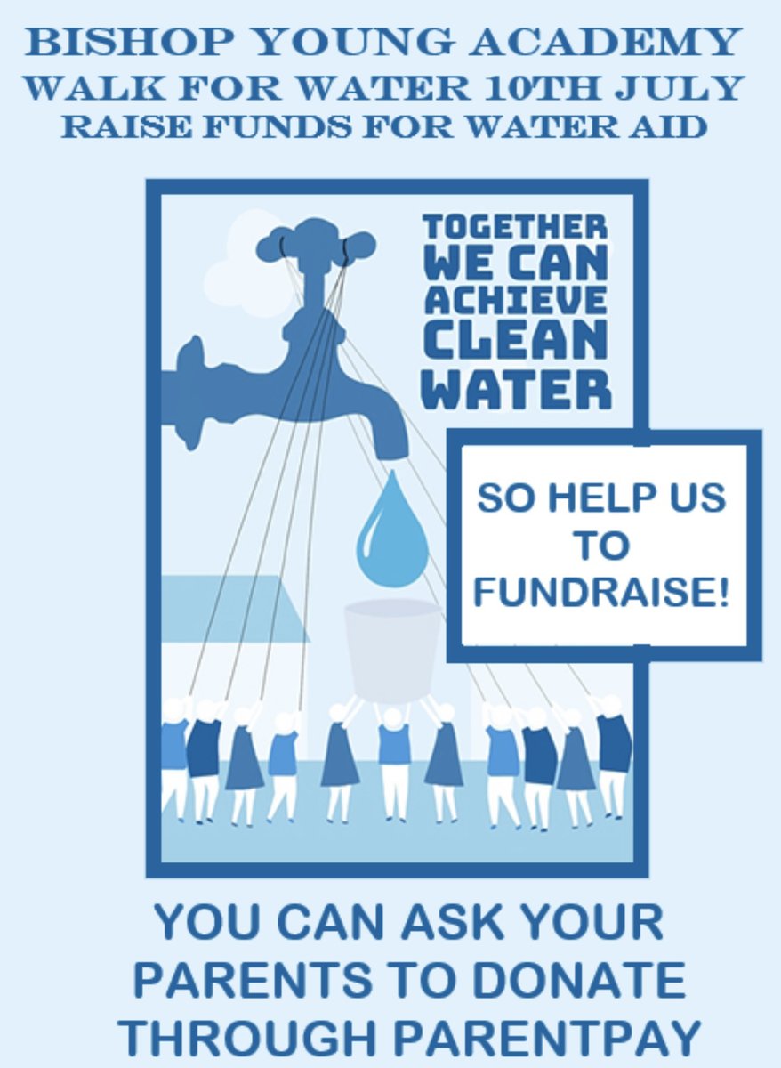 Bishop Young CE Academy (@bishopyoungce) on Twitter photo BYA is holding a whole school sponsored “Walk for Water” on Monday July 10th to raise money for <a href="/WaterAidUK/">WaterAid UK 💦</a> planned by our courageous advocates Dorcas and Eldana. If you can, please support our students by donating through Parentpay. #WaterAid #CleanWaterForAll #CleanWaterIsHope BYA is holding a whole school sponsored “Walk for Water” on Monday July 10th to raise money for <a href="/WaterAidUK/">WaterAid UK 💦</a> planned by our courageous advocates Dorcas and Eldana. If you can, please support our students by donating through Parentpay. #WaterAid #CleanWaterForAll #CleanWaterIsHope