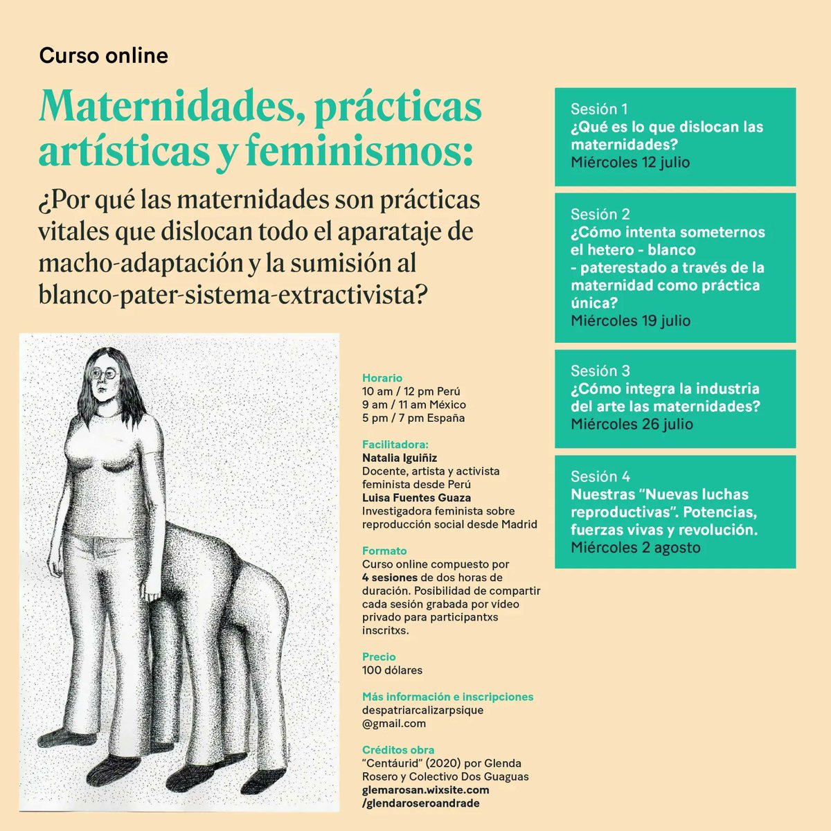 #AliadxsDisidenta 
Curso online 
Maternidades, prácticas artísticas y feminismos:
¿Por qué las maternidades son prácticas vitales que dislocan todo el apartaje de macho-adaptación y la sumisión al blanco-pater-sistema-extractivista? 

📩 despatriarcalizarpsique@gmail.com