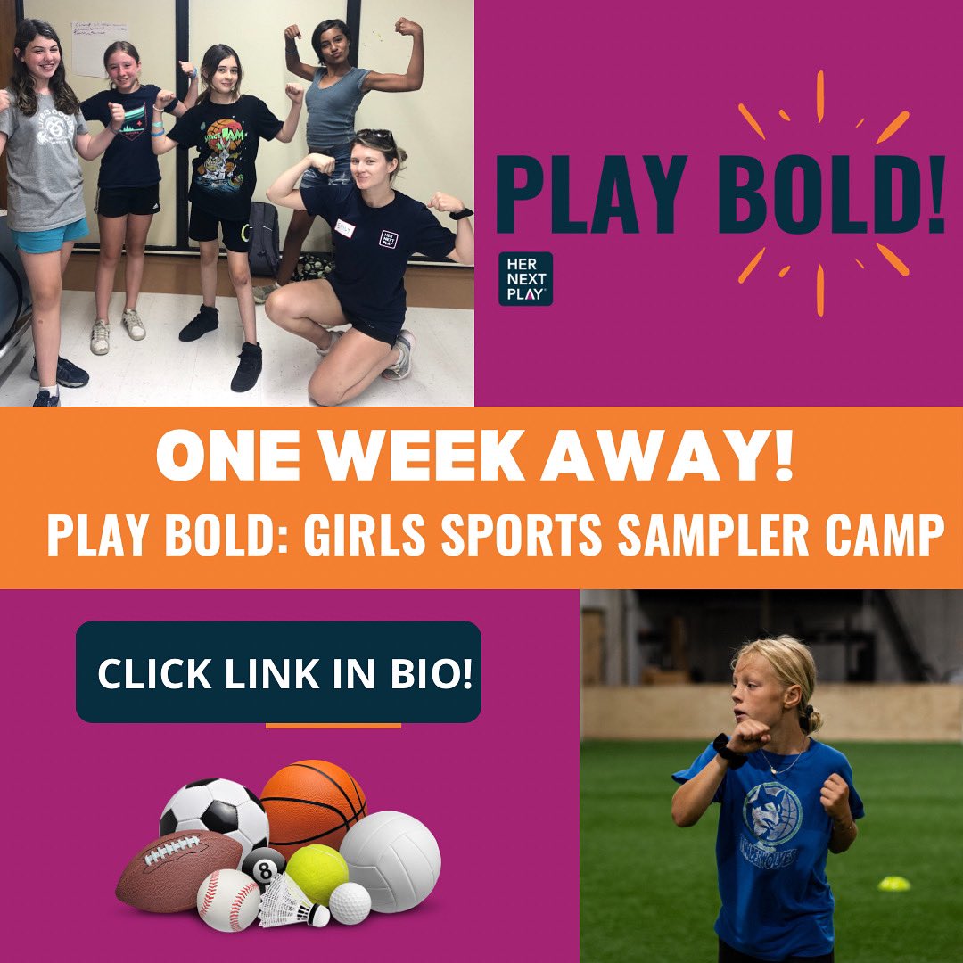 ONE WEEK TO GO! 
✨✨✨
It’s not too late to sign up for our summer Play Bold: Girls Sports Sampler Camp from July 10th-July 14th! We look forwarding to see you there! 
Register and find more information by using the link in our bio!
#womeninsports #playbold