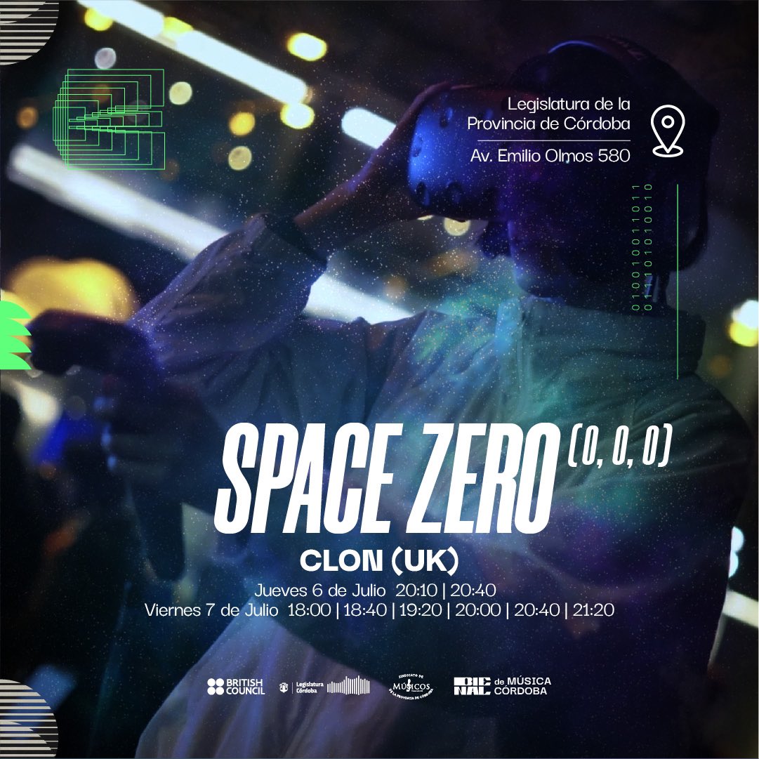 clonworks's tweet photo. Space Zero (0,0,0) travels to Bienal de Música de Cordoba as part of the Epojé programme curated by Santi Bartolome. Our work will be presented at set times on 6 and 7 July, and it features music by @anaquiroga_, @PetitFlo and @es_stela 💚✨ thanks to @BritishCouncil @arBritish https://t.co/TansF5NdAu