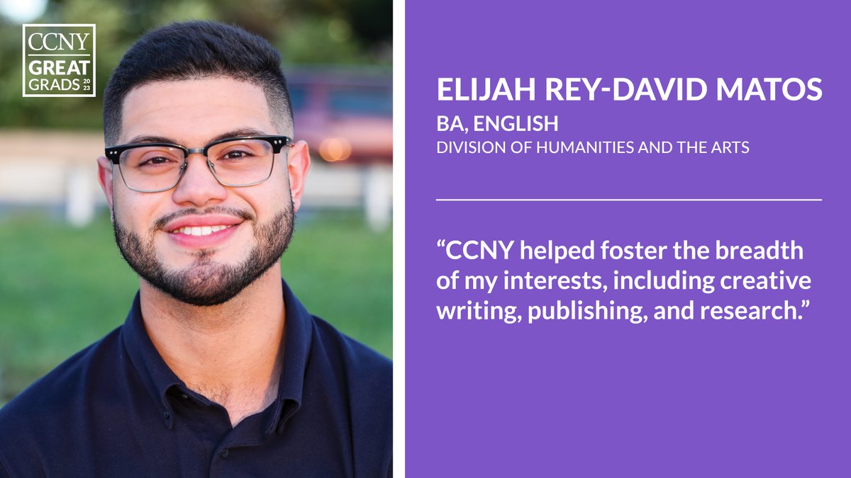 CityCollegeNY's tweet photo. #GreatGrad Elijah Rey-David Matos parlayed his passion for Nuyorican literature from an internship to authorship, even before graduating. From @macaulayhonors @CCNYHumArts and CCNY's Publishing Certificate Program, Matos' next stop is graduate studies.

https://t.co/2rKZHvu5zs https://t.co/idW0kocTZj