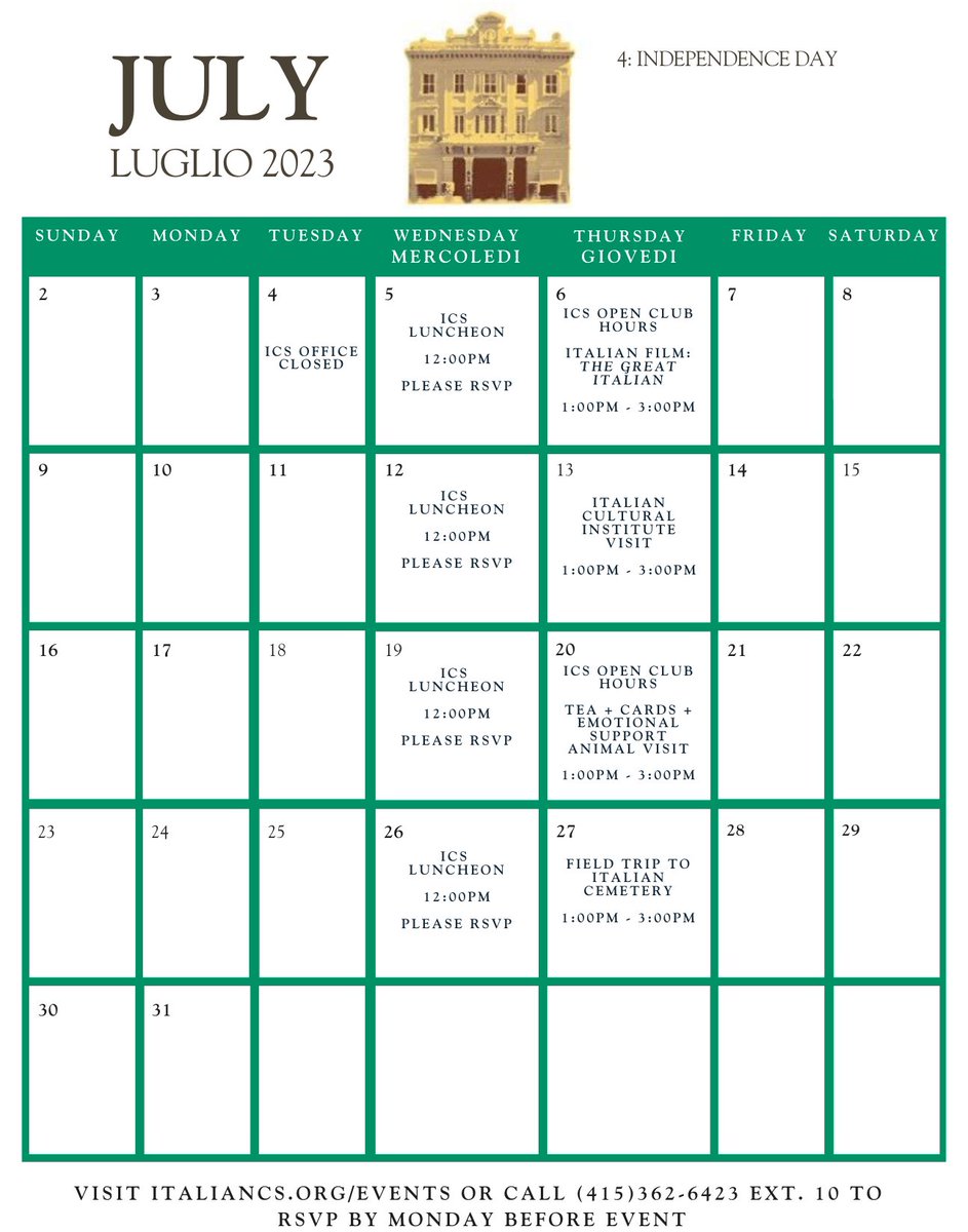 Italiancs's tweet photo. Italian Community Services has some great community events coming up this July.  

ICS is devoted to fostering connection and community among the Italian Community within San Francisco and the greater Bay Area.  

RSVP at https://t.co/CqGM7l0Yns. We hope to see you soon! https://t.co/J8GoLEidN7