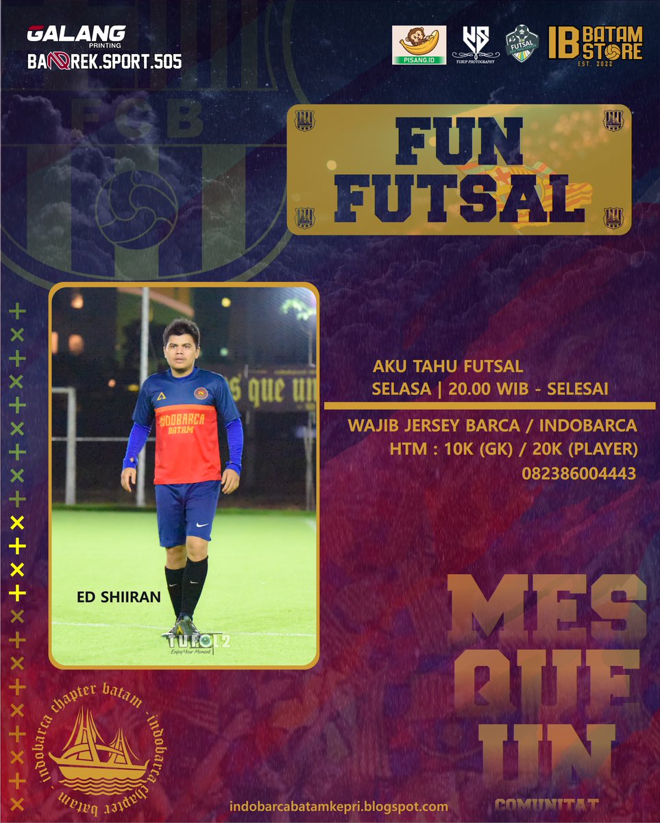 FUNFUTSAL! 📢
.
📅 Selasa, 4 Juli 2023
🏠 AkuTahu Futsal
🕗 20.00 WIB - Selesai
👕 Barca/Indobarca
💰 HTM:
- 20k (Player)
- 10k (GK)
.
Terbuka untuk umum! 
Ramaikaaaaan!
.
🔵🔴