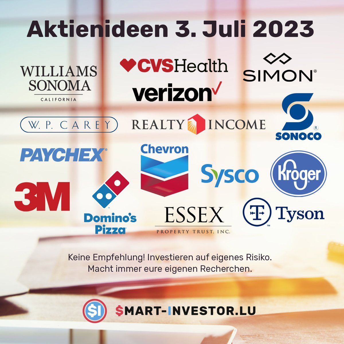 SmartInvestorLU's tweet photo. Aktienideen zum 3. Juli 2023. Der Hauptschwerpunkt liegt auf Dividenden-Wachstums-Aktien die gerade unterbewertet sind und interessant sein könnten zum Kauf. Ich hoffe es sind einige Inspirationen für euch dabei. #aktien #aktienideen #dividenden #investing #investingideas https://t.co/X7pGlE4DrT