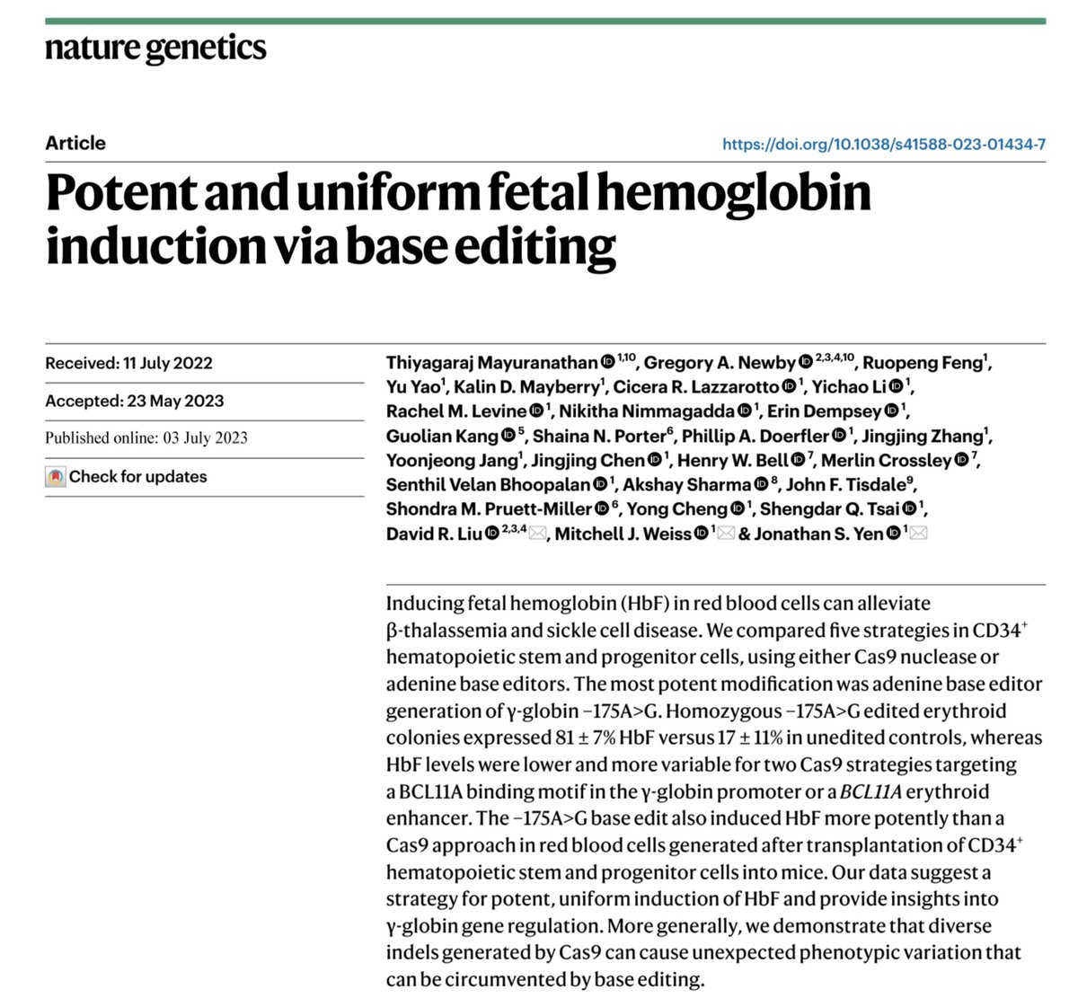 David R. Liu (@davidrliu) on Twitter photo Today we report in <a href="/NatureGenet/">Nature Genetics</a> a study led by the team of <a href="/JonathanYenPhD/">Jonathan Yen</a> and Mitch Weiss <a href="/StJude/">St. Jude</a> that characterizes Cas9 nuclease and adenine base editing strategies to induce fetal hemoglobin expression, clinical approaches to treat sickle-cell disease & beta-thalassemia. 1/10 Today we report in <a href="/NatureGenet/">Nature Genetics</a> a study led by the team of <a href="/JonathanYenPhD/">Jonathan Yen</a> and Mitch Weiss <a href="/StJude/">St. Jude</a> that characterizes Cas9 nuclease and adenine base editing strategies to induce fetal hemoglobin expression, clinical approaches to treat sickle-cell disease & beta-thalassemia. 1/10
