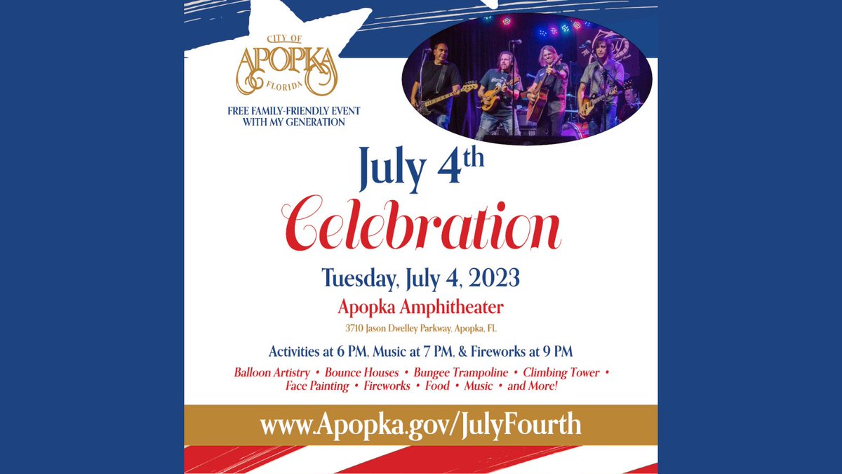 We can't wait to see everyone at our July 4th Celebration at the Apopka Amphitheater on Tuesday, July 4, 2023 beginning at 6 PM. Visit or website for complete details! apopka.gov/JulyFourth