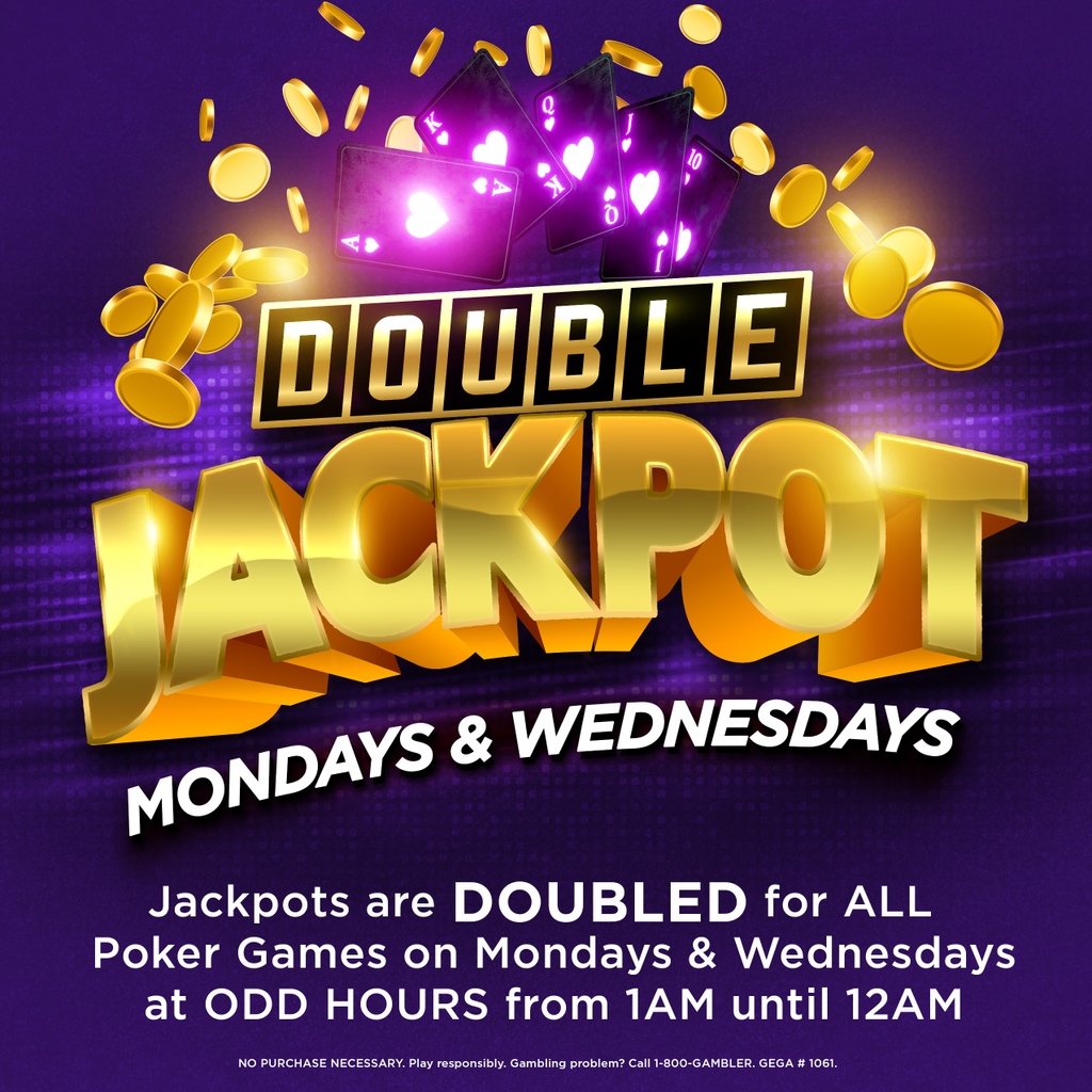 GREAT NEWS! 🙌🏼 DOUBLE JACKPOT Mondays & Wednesdays continue this JULY! Jackpots are DOUBLED for ALL POKER GAMES at ODD HOURS from 1AM until 12AM! #DoubleJackpot #Poker #HUSTLERCasino
