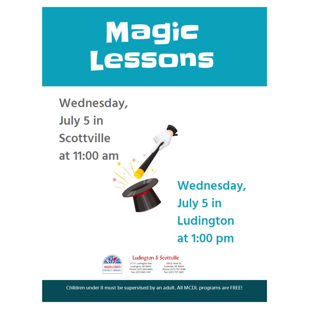 LibraryMcd's tweet image. Kids of all  ages! Come to the magic lessons at our libraries on Wednesday, July 5th!  Children under age 8 must be accompanied by an adult. #magiclessons