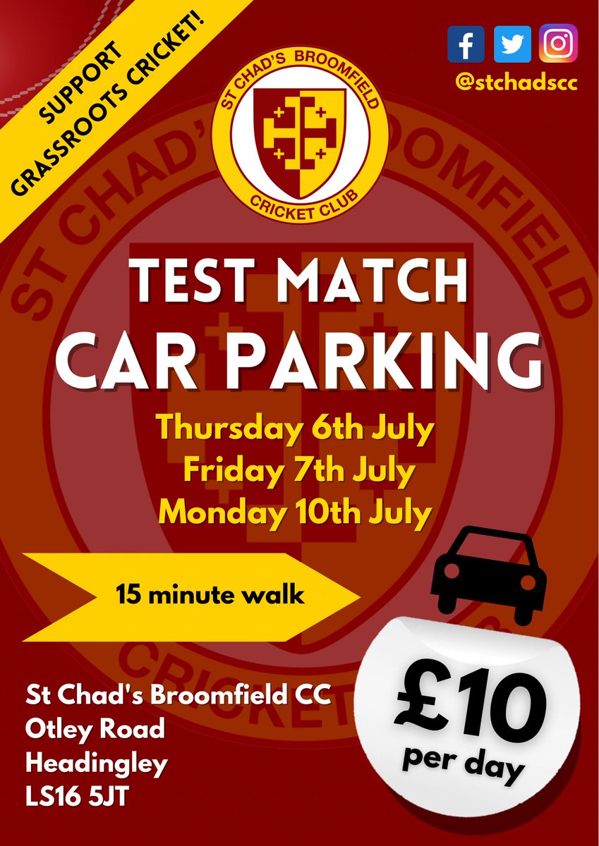 🚗 🚙 Support a local cricket club when you park up for #TheAshes2023 this week at Headingley! 

We’re a short 15 minute walk from the Stadium.

🤝 All proceeds will go towards the Club and the building of its new pavilion.