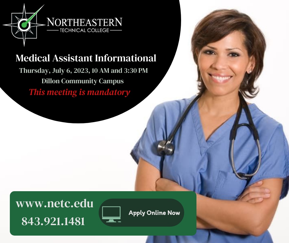 NETC_EDU's tweet image. Interested in becoming a Medical Assistant? Come learn more about the program starting in Dillon this fall semester. Session will be held at our Dillon Campus located at 2204 Highway 301 South.