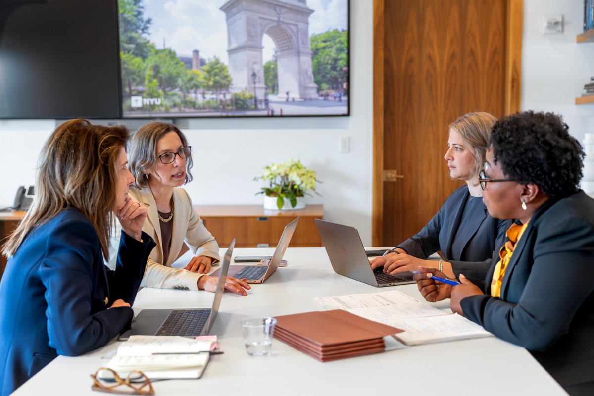 On her first Monday morning as NYU's 17th president, Linda G. Mills met with colleagues Aisha Oliver-Staley, MJ Knoll-Finn, &amp; Lauren Brown to continue studying the Supreme Court's ruling on the consideration of race in college admissions. NYU's statement: spr.ly/6013PGDGB