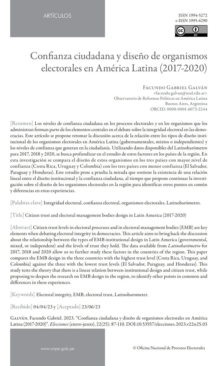 fggalvan's tweet photo. Mi artículo "Confianza ciudadana y diseño de organismos electorales en A. Latina" fue aprobado para el dossier sobre "Integridad electoral" de #RevistaElecciones que tiene un gran trabajo de edición y aportes de colegas de renombre.

Muchas gracias @ONPE_oficial @ReformasLATAM https://t.co/duavIUqk3m
