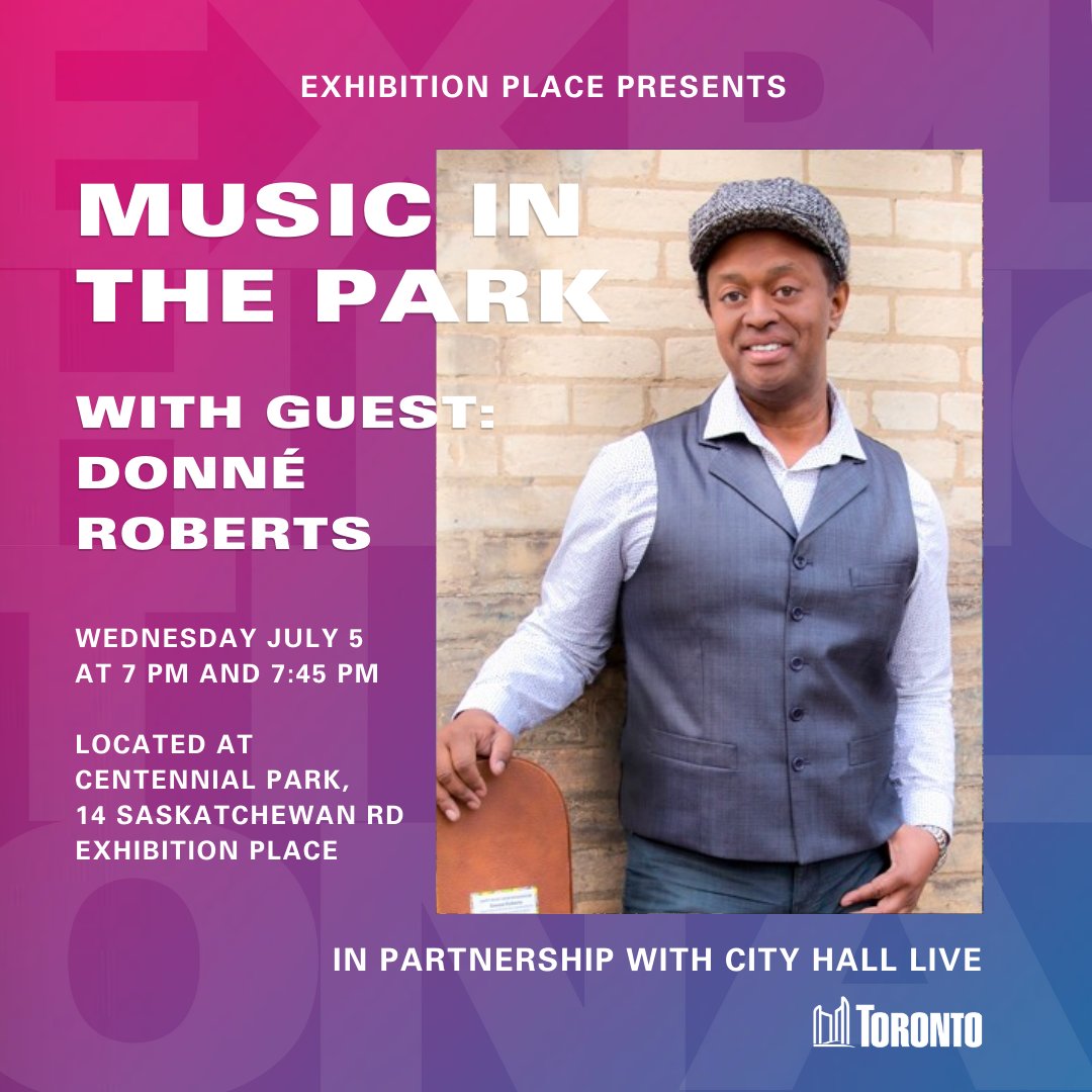 Exhibition Place (@explaceto) on Twitter photo YOU'RE INVITED! Our Music in the Park series kicks off this Wednesday at 7 PM in Centennial Park, Exhibition Place. First up: Two-time Juno Award winner and four-time Juno Award nominee, <a href="/donne_roberts/">Donné Roberts</a>!
Learn more: bit.ly/42O3ede YOU'RE INVITED! Our Music in the Park series kicks off this Wednesday at 7 PM in Centennial Park, Exhibition Place. First up: Two-time Juno Award winner and four-time Juno Award nominee, <a href="/donne_roberts/">Donné Roberts</a>!
Learn more: bit.ly/42O3ede