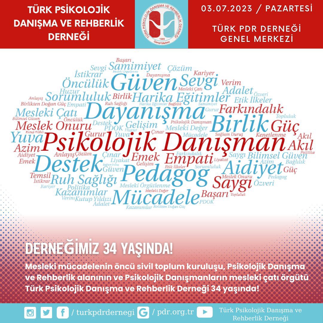 Belki ülkemizde Psikolojik Danışma ve Rehberlik alanı kadar eski değil ama bu alanın varlığı, hakları, bugünü ve yarını için mücadele eden Türk Psikolojik Danışma ve Rehberlik Derneğinin <a href="/turkpdrdernegi/">Türk PDR Der- Psikolojik Danışma ve Rehberlik</a> 34.yılı kutlu olsun! 🧿#herkesiçinhepberaber