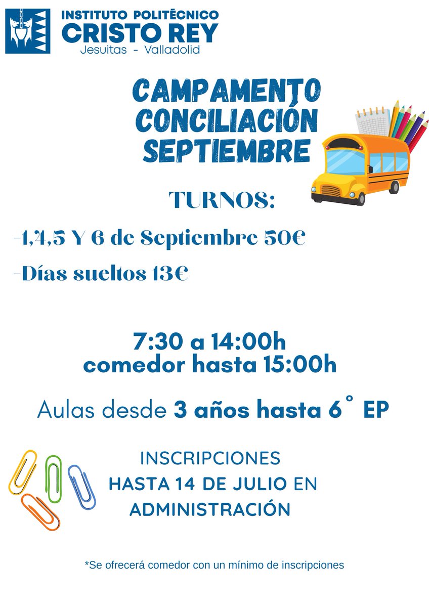 cristoreyva's tweet photo. El cole quiere seguir favoreciendo la conciliación familiar con el campamento urbano de septiembre. Apúntate antes del 14 de julio en administración. Los peques disfrutarán de dinámicas en grupos, juegos y gymkanas. @sjcastillayleon #campamentourbano #colegioconcertadovalladolid https://t.co/AxdmEZvznC