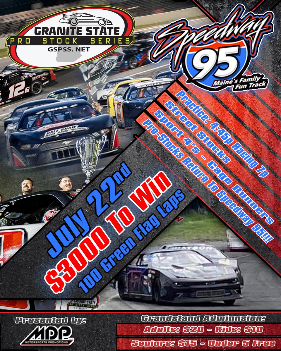 Reminder: the fourth event of the Granite State Pro Stock Series season is now scheduled for Saturday, July 22. We will be heading to Speedway 95 for the rescheduled 100-lap race. It will be $3,000 to win! See you there! 🏁