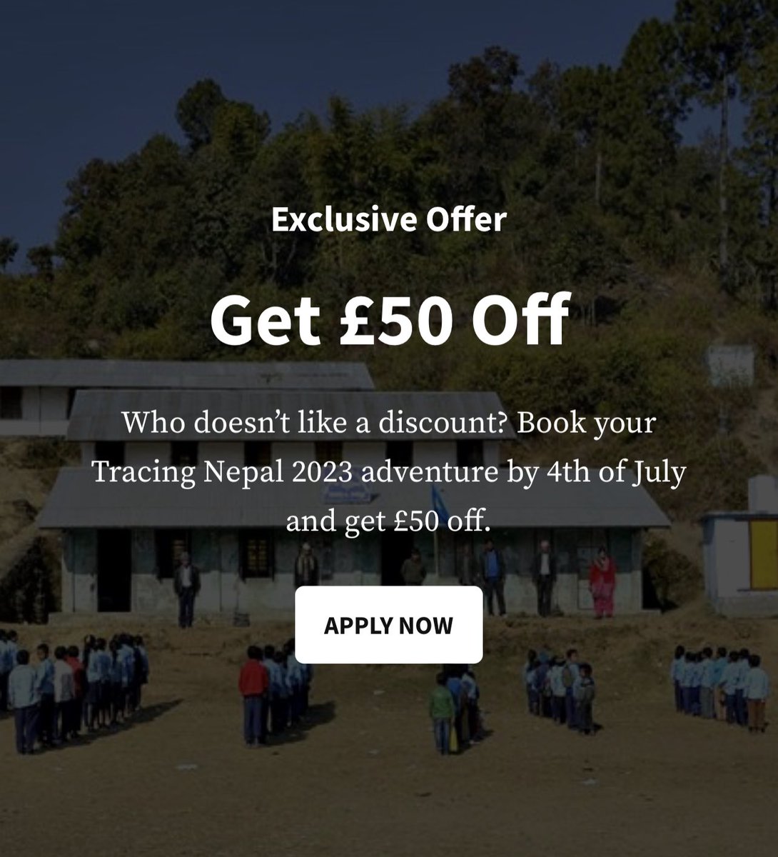 TracingNepal's tweet photo. Everyone likes an offer right? Apply to Tracing Nepal 2023 by tomorrow and get £50 off the trip cost. Head over to https://t.co/ivGLACQDlE for all the details! #Nepal #Travel https://t.co/t6etdlhTrX