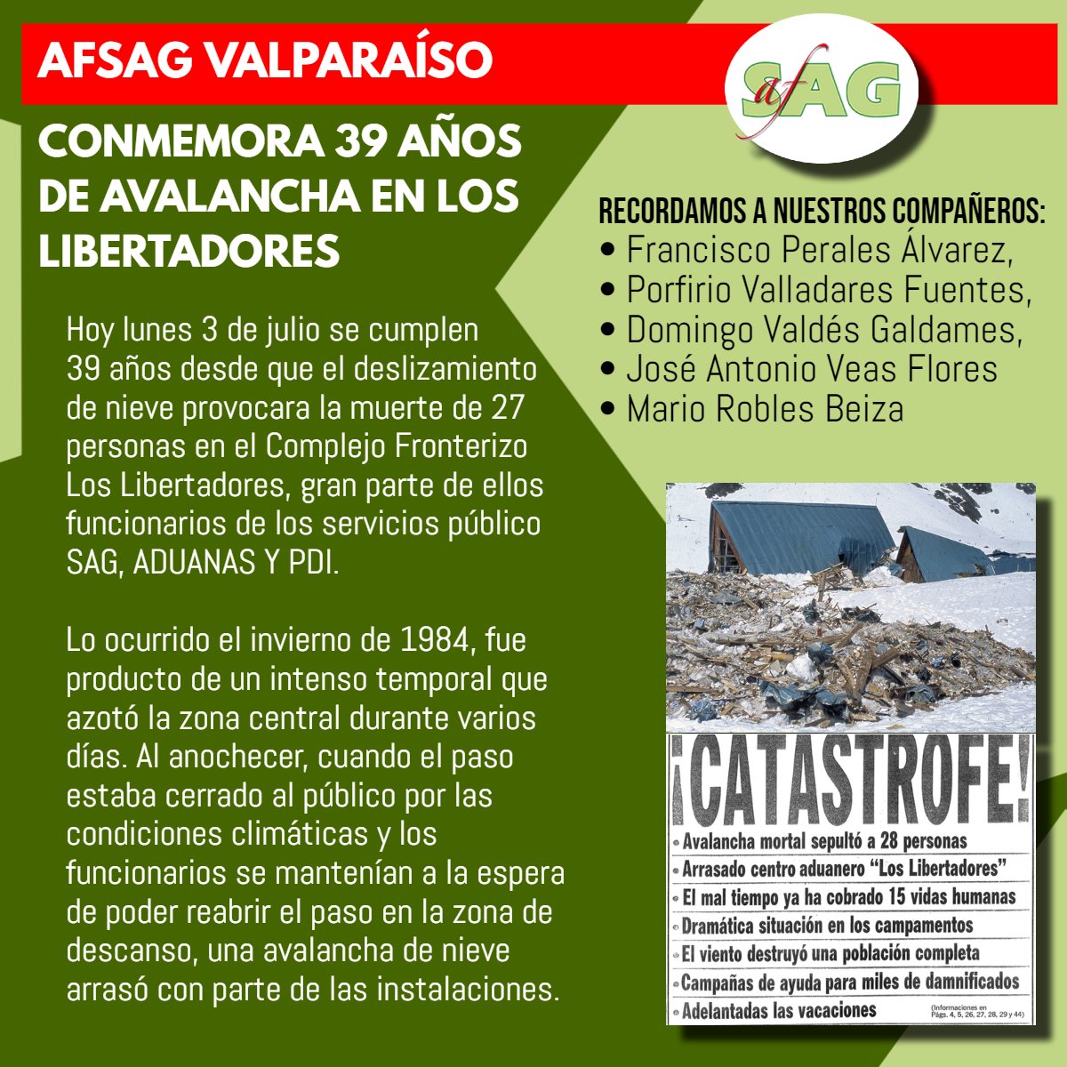 LA LISTA DE FALLECIDOS ES LA SIGUIENTE EN HILO: 

*POR ADUANAS:*
Mario Acuña Correa, 
Francisco Olivieri Palacios, 
Nicolás Gallardo Sepúlveda, 
Juan González Olivares 
José Zucco Carrasco