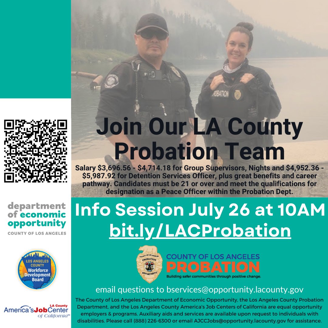 Join Our LA County Probation Team! Great benefits and career pathway!
#lacounty #whittierchambermember #LACountyParks #lamirada #PicoRiveraCA #libertystaffing #lacountyajcc #cityofsfs #lamiradachamberofcommerce #sfschamber #AJCC #freetraining #lacountyprobation