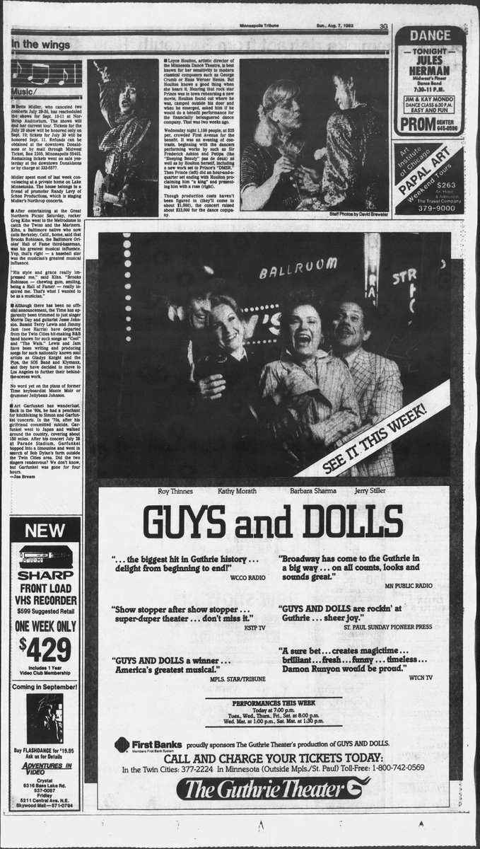Crazy. Just noticed that on the same page as the <a href="/StarTribune/">The Minnesota Star Tribune</a> recap of Prince's historic 8/3/83 gig at <a href="/FirstAvenue/">First Avenue</a>, an ad ran for Guys and Dolls—featuring the exact backdrop that Prince would borrow from the <a href="/ChanhassenDT/">ChanhassenDT</a> 4 years later for the cover of Sign O' The Times.
