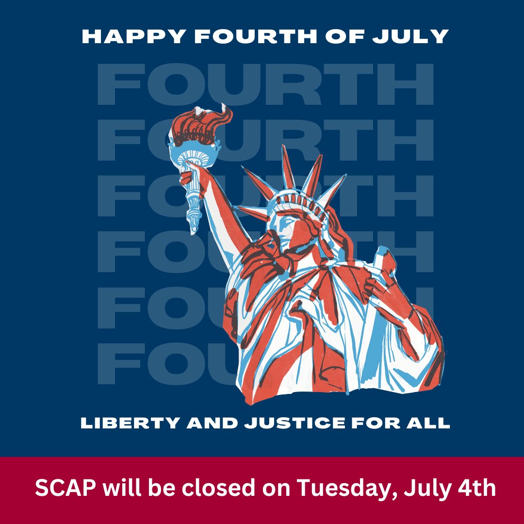 SCAPNY's tweet image. SCAP will be closed on Tuesday, July 4th in observance of Independence Day. We wish everyone a very happy and safe Fourth of July holiday.