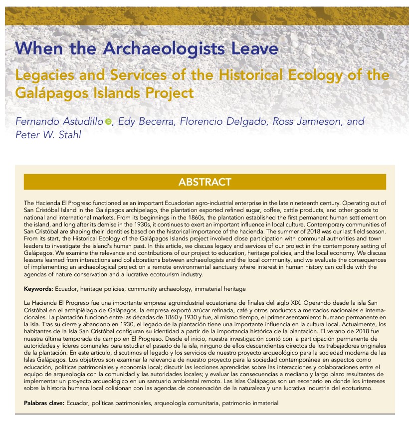 Our piece on community archaeology in the #Galapagos is now out, open access, in Advances in Archaeological Practice.  Paintball, sugar mills, invasive species... #elprogreso #sancristobal :  bit.ly/3PBDePv
<a href="/ferastu2/">Fernando J Astudillo</a> <a href="/DelgadoFloren/">Florencio Delgado</a> @aap_saaorg <a href="/CGGalapagos/">Gobierno Galápagos</a> <a href="/GSCGalapagos/">Galapagos Science Center</a>