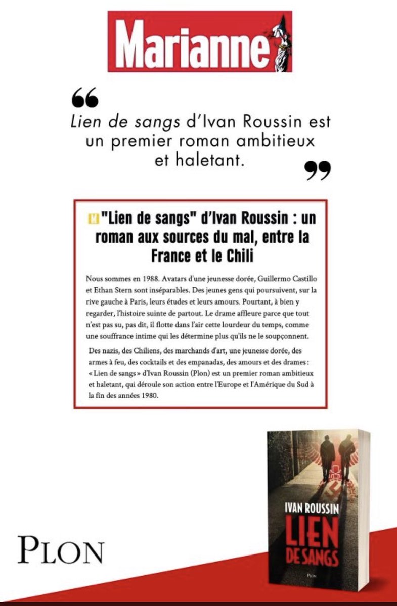 LiseBoell's tweet photo. « Lien de Sangs » d’Ivan Roussin est un premier roman ambitieux et haletant. » Merci @MarianneleMag pour ce très bel éloge concernant le premier roman d’Ivan Roussin. @BazailleCC @ivanroussin @EmmaAnthonioz @Lisez_officiel @Editis_officiel @EditionsPlon https://t.co/tAbNKQMAJu