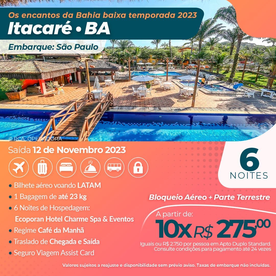 RicardoWhitton's tweet photo. Os encantos da #Bahia baixa temporada 2023
Pacote #Itacaré

Saída 12/11/2023 de São Paulo

Contato ricardo@rwh-viagens-e-turismo.com.br

Site https://t.co/TJ3THhM1ZV

#nordeste #brasil #lazer #viagens #viagensbrasil #agentedeviagens #consultoriadeviagem #agentehomeoffice https://t.co/d15pQz0M27