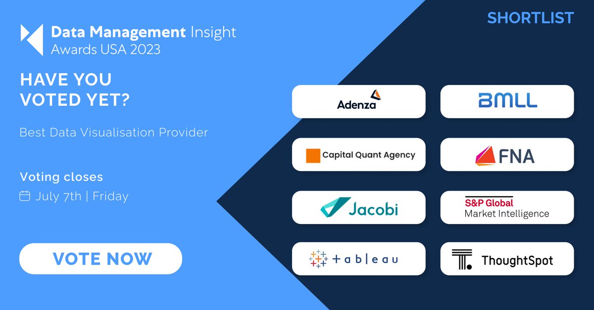 A-Team Insight (@ateaminsight) on Twitter photo Vote now for Best Data Visualisation Provider in the 2023 Data Management Insight Awards USA!
a-teaminsight.com/awards/data-ma…
#dmiawards #datamanagement #datavisualisation <a href="/Adenza_group/">Nasdaq AxiomSL and Calypso</a> <a href="/AgencyQuant/">Capital Quant Agency</a> <a href="/FNALab/">FNA</a> <a href="/SPGMarketIntel/">S&P Global Market Intelligence</a> <a href="/tableau/">Tableau</a> <a href="/thoughtspot/">ThoughtSpot</a> Vote now for Best Data Visualisation Provider in the 2023 Data Management Insight Awards USA!
a-teaminsight.com/awards/data-ma…
#dmiawards #datamanagement #datavisualisation <a href="/Adenza_group/">Nasdaq AxiomSL and Calypso</a> <a href="/AgencyQuant/">Capital Quant Agency</a> <a href="/FNALab/">FNA</a> <a href="/SPGMarketIntel/">S&P Global Market Intelligence</a> <a href="/tableau/">Tableau</a> <a href="/thoughtspot/">ThoughtSpot</a>