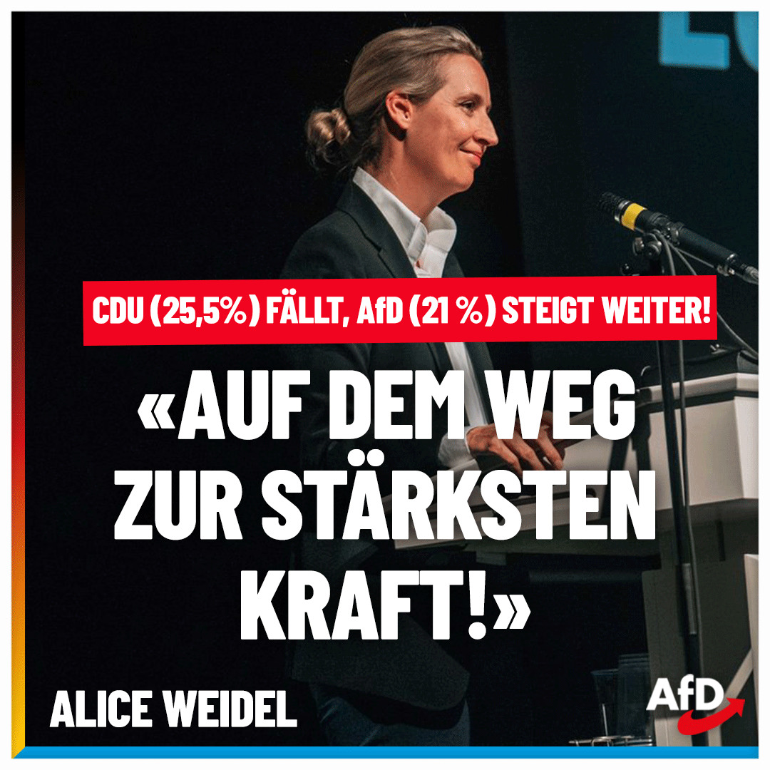 #AfD bei 21 %, #CDU bei nur noch 25,5 %: Immer mehr Bürger unterstützen nicht nur die AfD, sondern erkennen, dass die CDU nicht Teil der Lösung, sondern Teil des Problems ist. #Volkspartei #DeshalbAfD #AfD