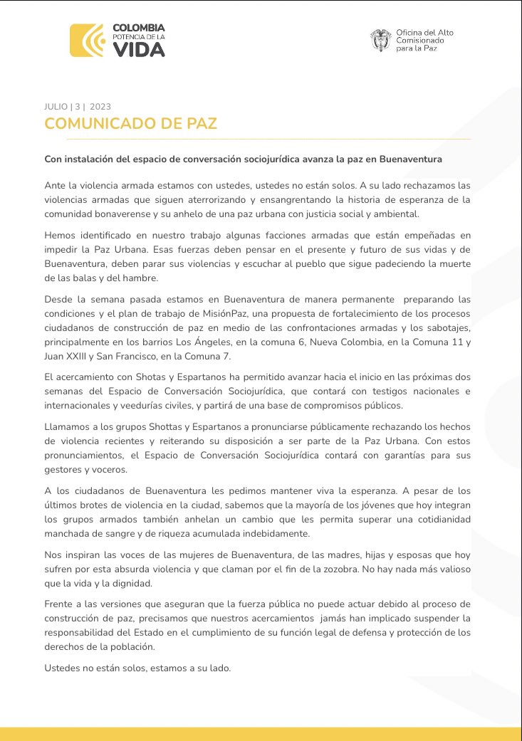 ComisionadoPaz's tweet photo. #Atención | 🚨Comunicado: Con instalación del espacio de conversación sociojurídica avanza la paz en Buenaventura. https://t.co/T7UyNMAWXb
