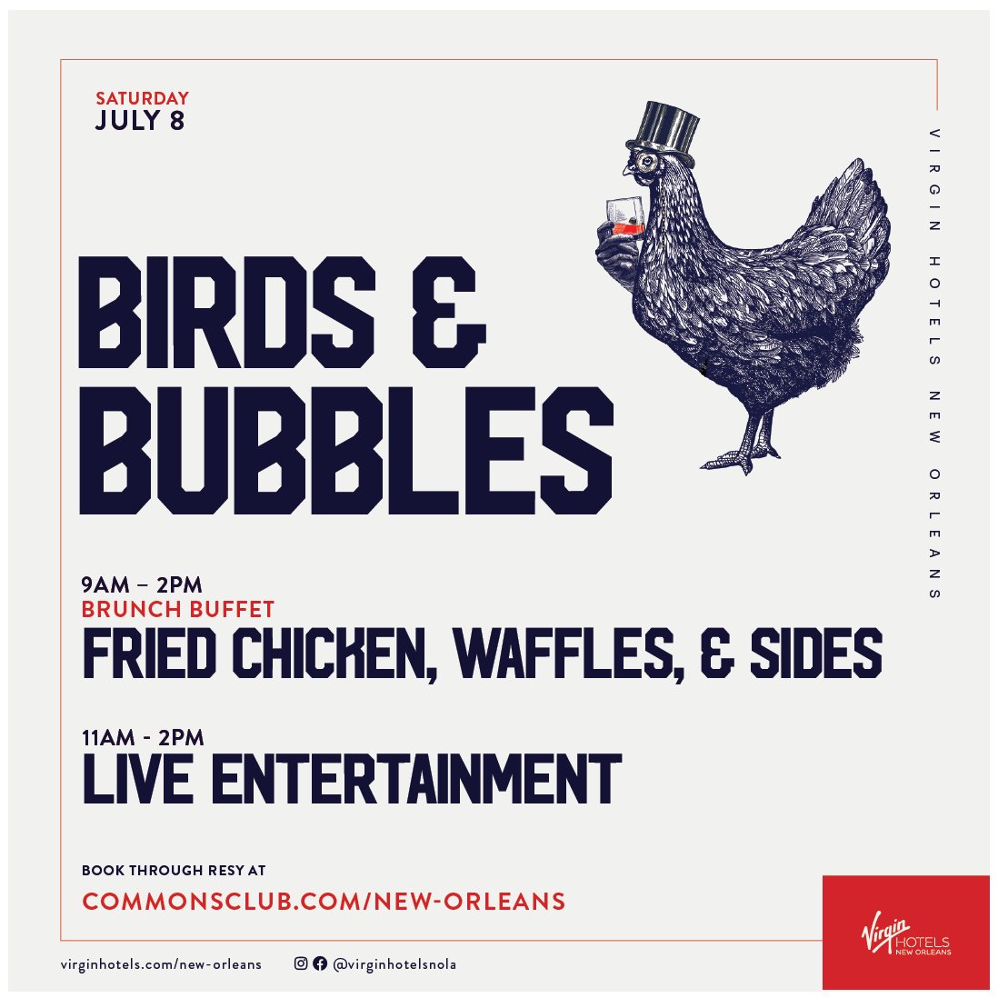 Mark Birds &amp; Bubbles Brunch on your calendar for this Saturday, July 8!🥂

Indulge in an all-you-can-eat fried chicken &amp; waffles buffet, plus a complimentary glass of @veuveclicquot &amp; live entertainment by Or Shovaly.

Make it official: bit.ly/3XzWizo