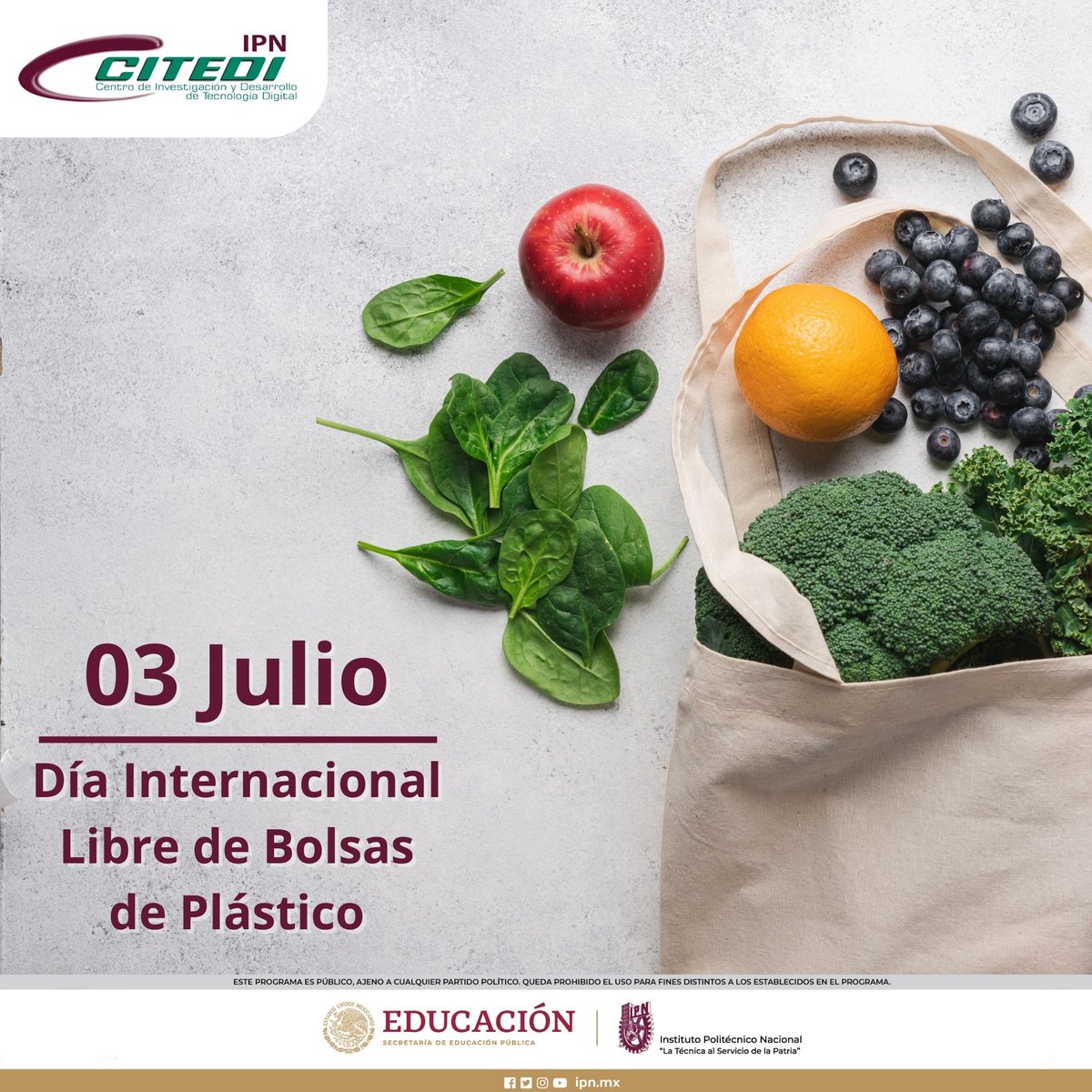 Citediipn's tweet photo. "Con el fin de tomar conciencia sobre la cantidad de basura generada por el uso de bolsas de plástico y fomentar su consumo de manera responsable, se estableció el 3 de julio como el Día Internacional Libre de Bolsas de Plástico".

https://t.co/EHPBekr7Vm

#ODS #CITEDI #IPN https://t.co/XRDKOTFQ3m