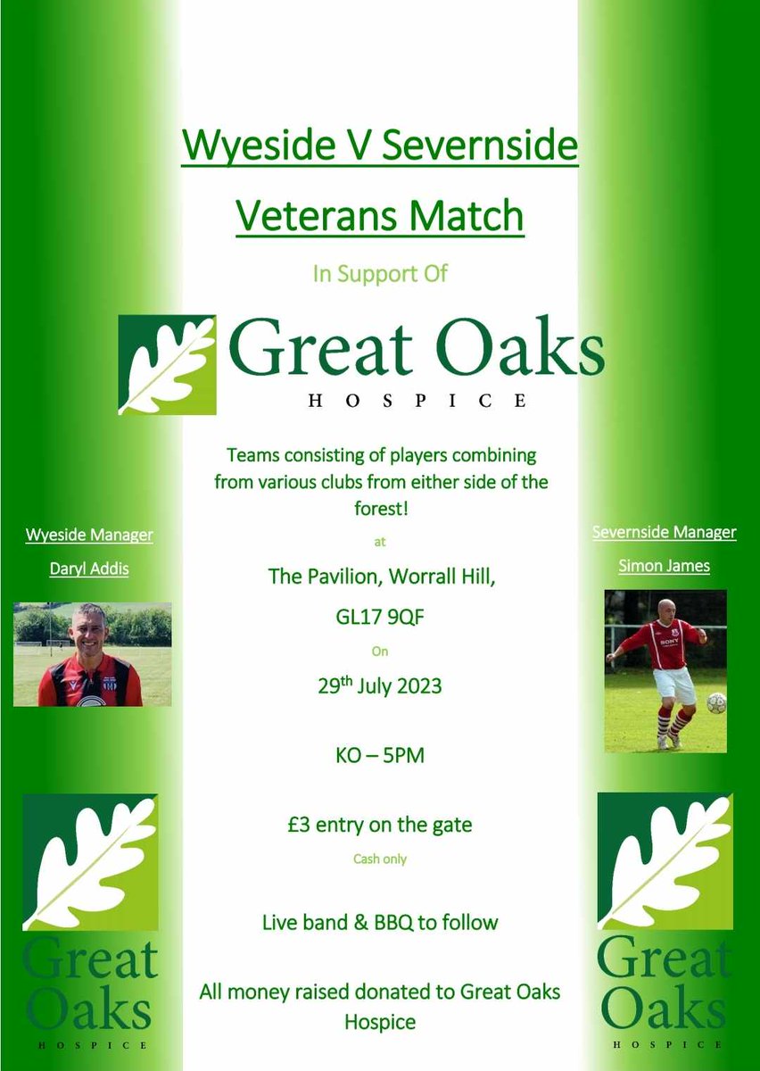 We are hosting the Wyeside vs Severnside vets match later this month, details below 👇 All money raised will be donated to Great Oaks Hospice so please do come along and show some support if you're able to do so